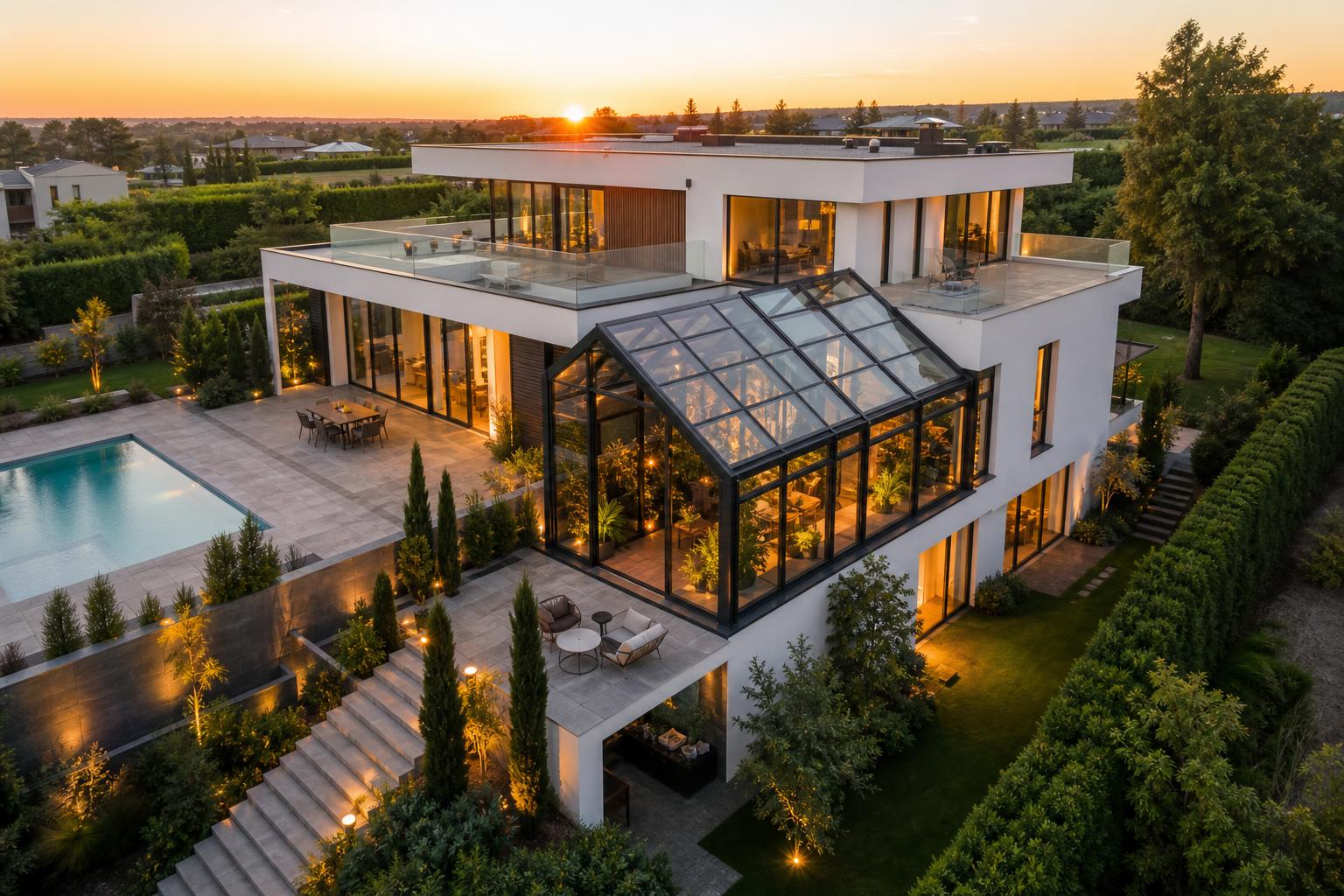 Luftaufnahme eines modernen Hauses mit integriertem Wintergarten und Gartenanlage