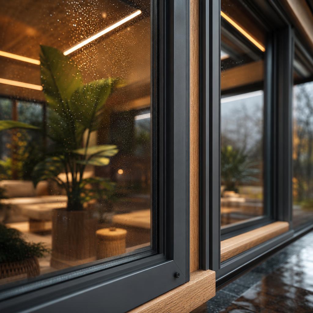 Detailaufnahme hochwertige Aluminium-Profile eines Wintergartens mit warmem LED-Licht